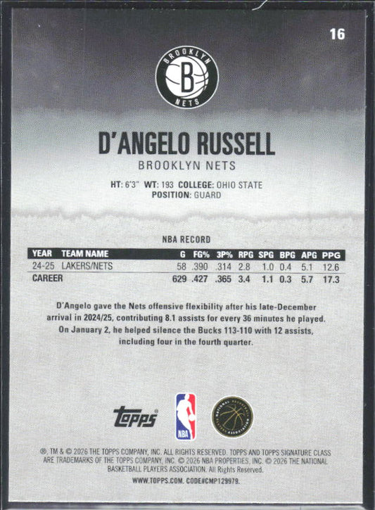 2025-26 Topps Signature Class #16 D'Angelo Russell – baksida