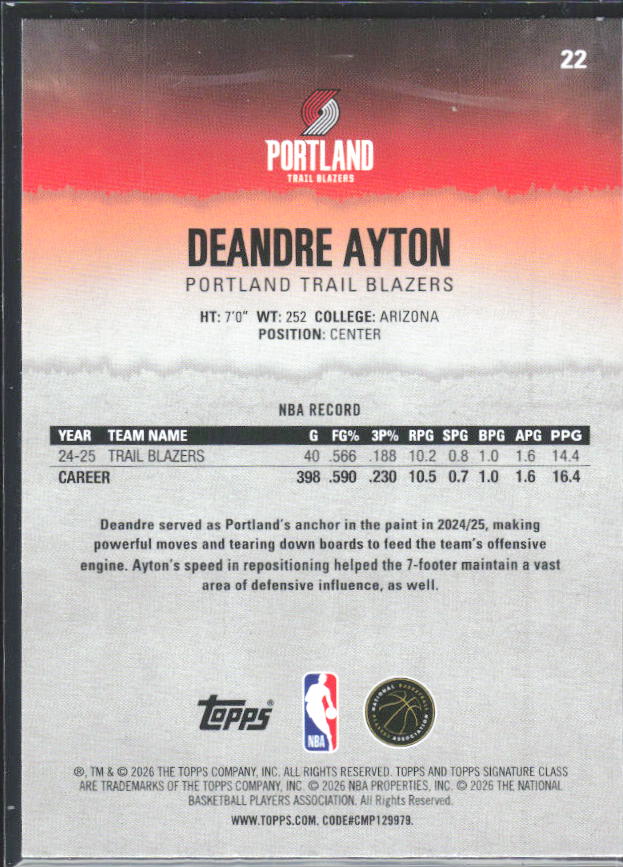 2025-26 Topps Signature Class #22 Deandre Ayton – baksida