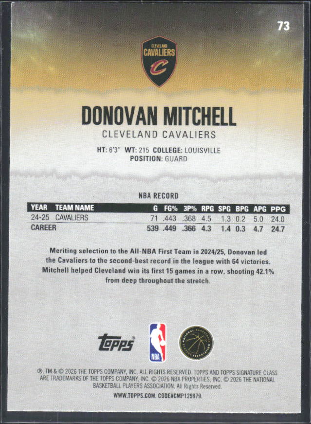 2025-26 Topps Signature Class #73 Donovan Mitchell – baksida