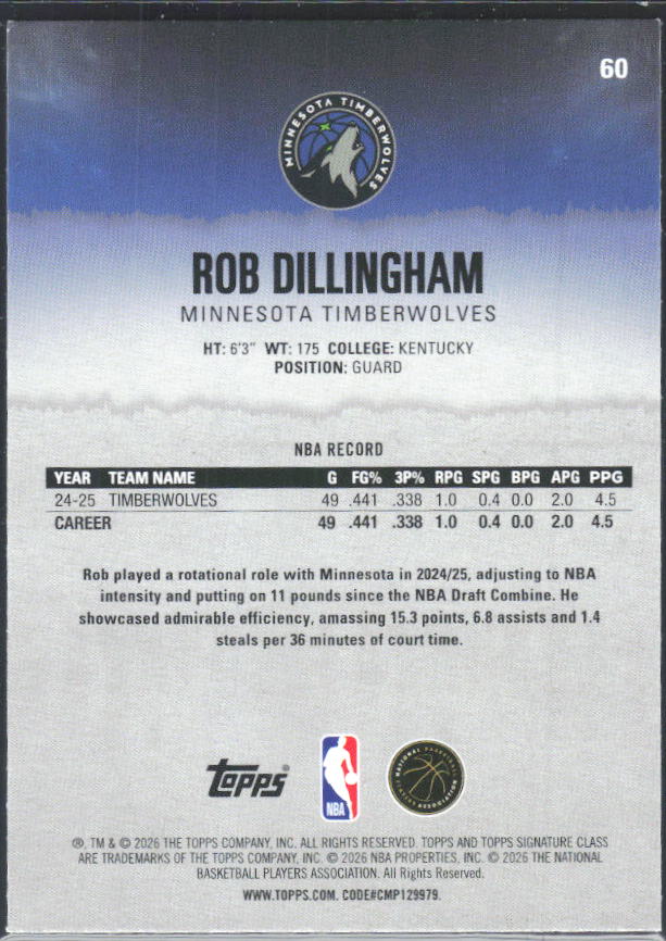 2025-26 Topps Signature Class #60 Rob Dillingham – baksida
