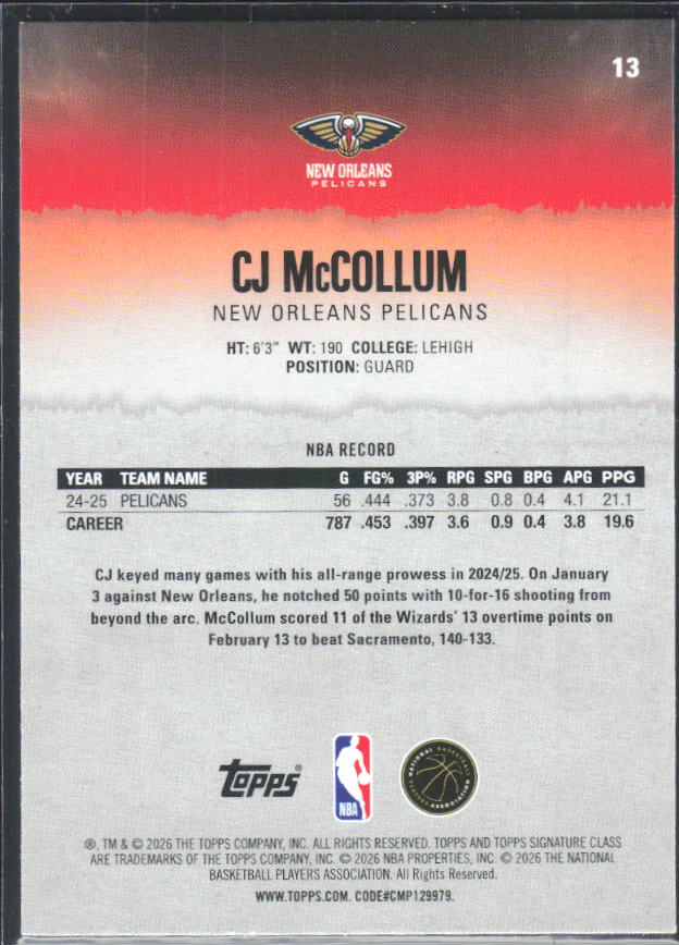 2025-26 Topps Signature Class #13 CJ McCollum – baksida