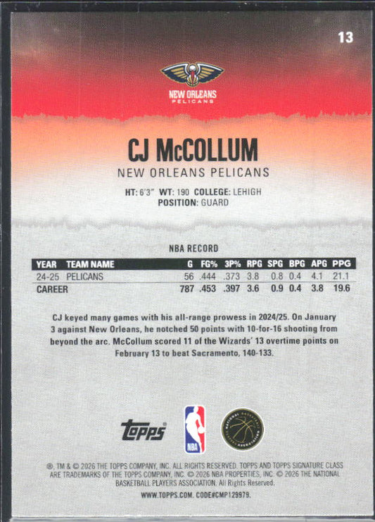 2025-26 Topps Signature Class #13 CJ McCollum – baksida