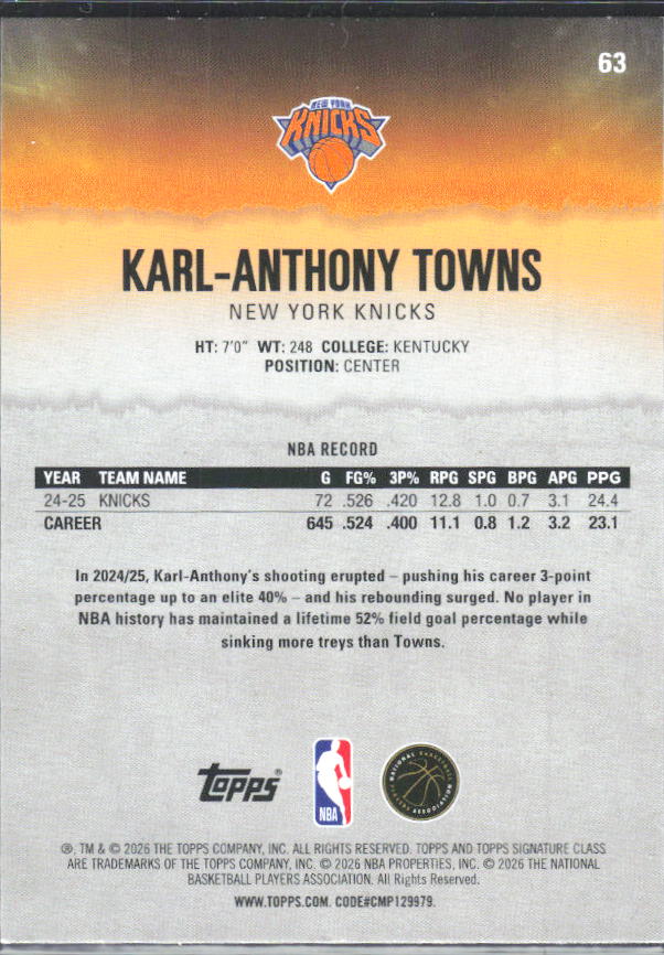 2025-26 Topps Signature Class #63 Karl-Anthony Towns – baksida
