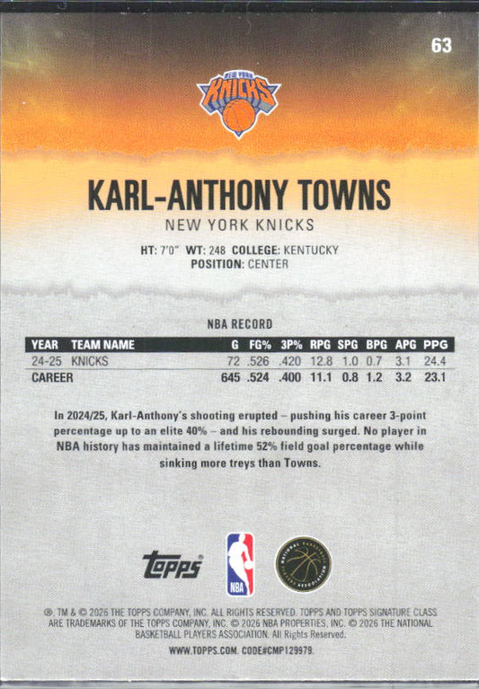 2025-26 Topps Signature Class #63 Karl-Anthony Towns – baksida