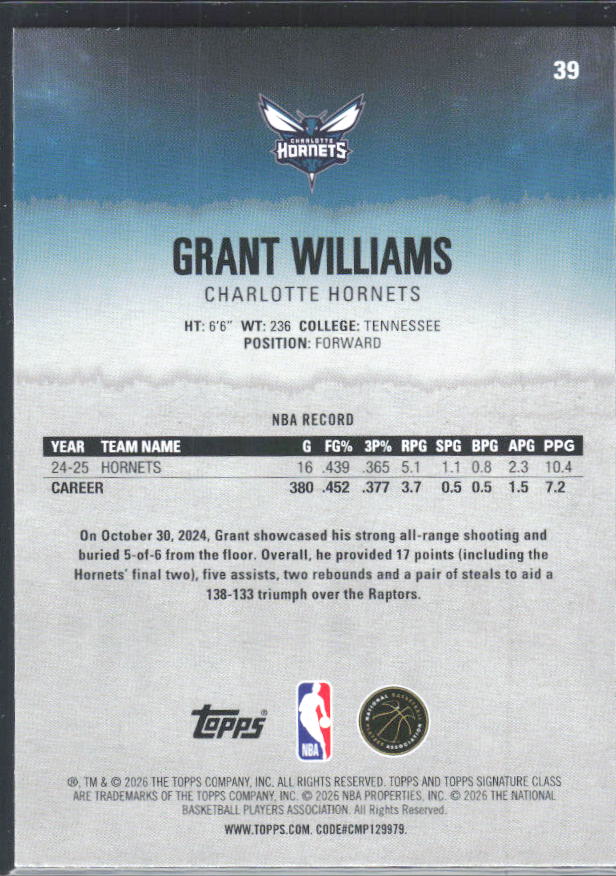 2025-26 Topps Signature Class #39 Grant Williams – baksida