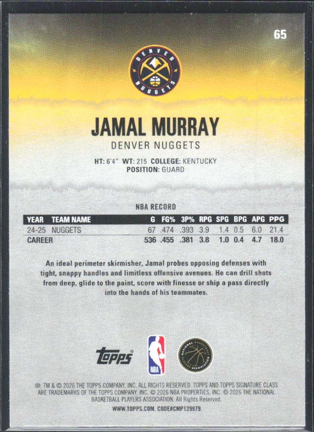 2025-26 Topps Signature Class #65 Jamal Murray – baksida