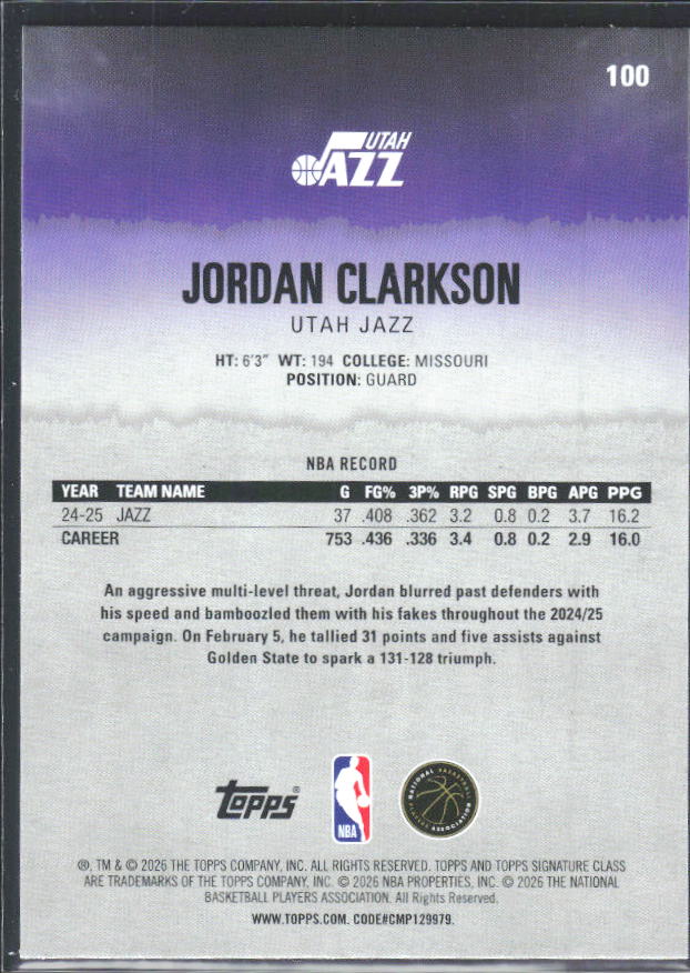 2025-26 Topps Signature Class #100 Jordan Clarkson – baksida