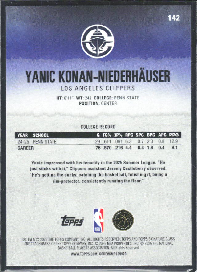 2025-26 Topps Signature Class #142 Yanic Konan-Niederhäuser RC – baksida