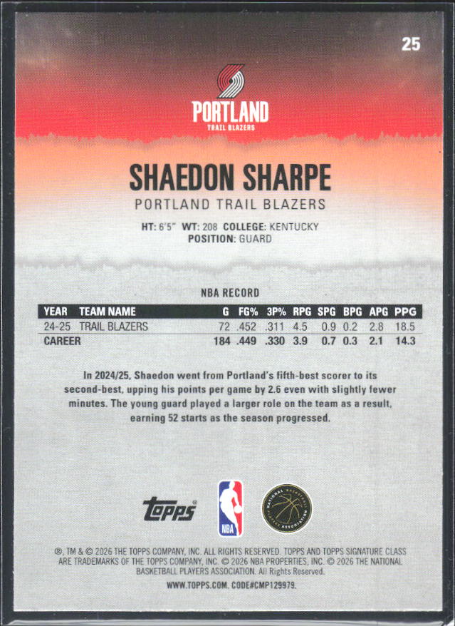 2025-26 Topps Signature Class #25 Shaedon Sharpe – baksida