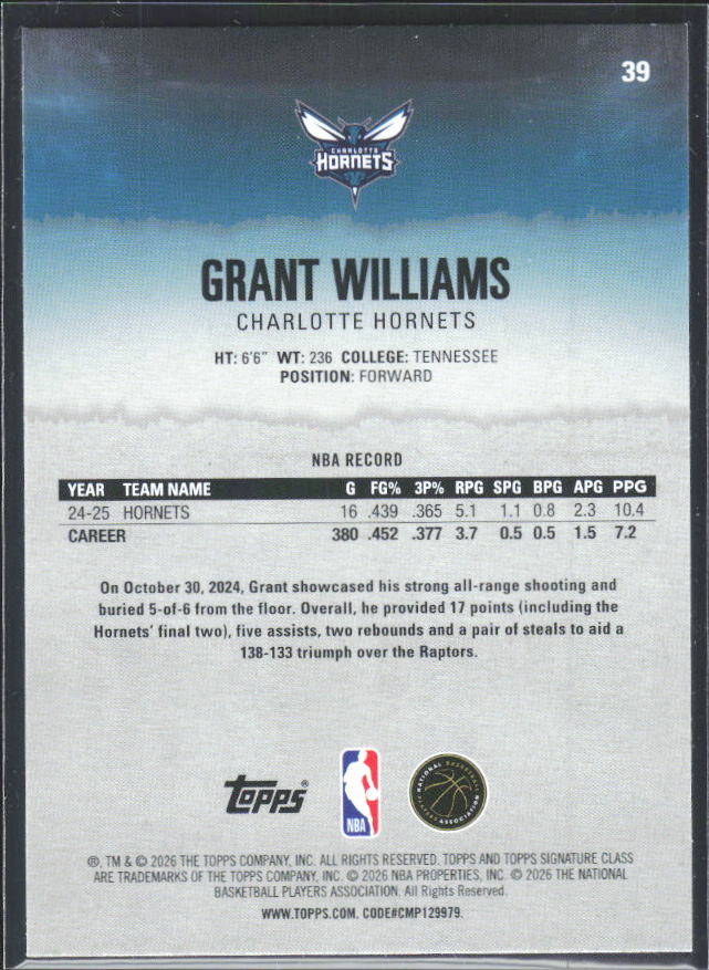 2025-26 Topps Signature Class #39 Grant Williams – baksida
