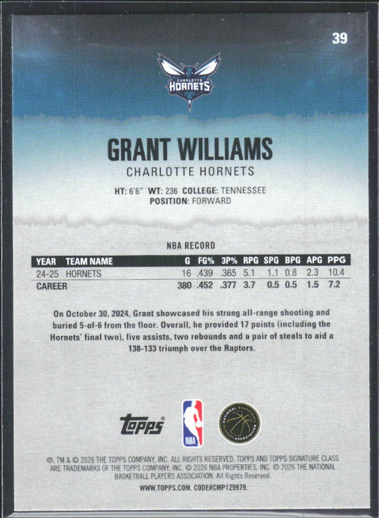 2025-26 Topps Signature Class #39 Grant Williams – baksida