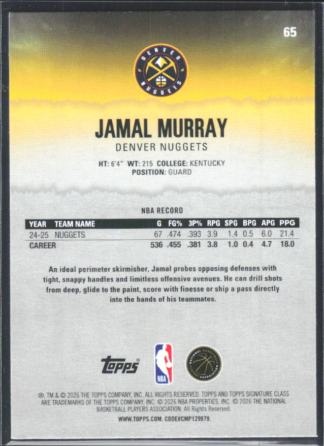 2025-26 Topps Signature Class #65 Jamal Murray – baksida