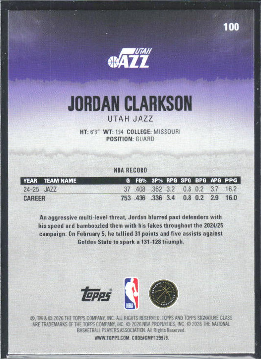 2025-26 Topps Signature Class #100 Jordan Clarkson – baksida