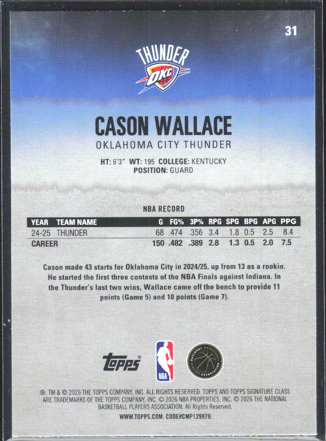 2025-26 Topps Signature Class #31 Cason Wallace – baksida