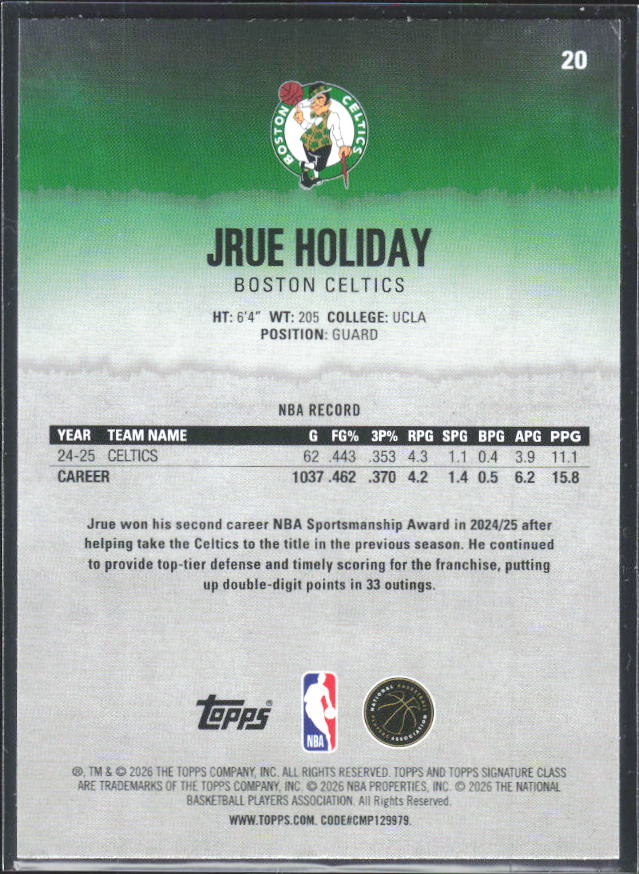 2025-26 Topps Signature Class #20 Jrue Holiday – baksida
