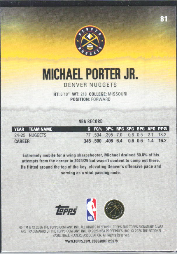2025-26 Topps Signature Class #81 Michael Porter Jr. – baksida