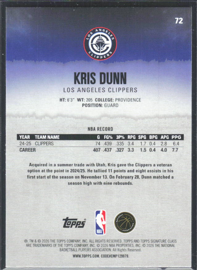 2025-26 Topps Signature Class #72 Kris Dunn – baksida