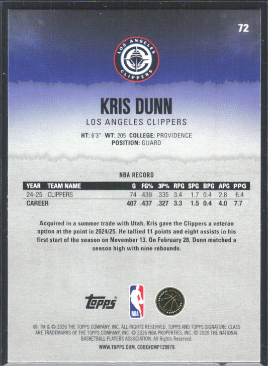 2025-26 Topps Signature Class #72 Kris Dunn – baksida