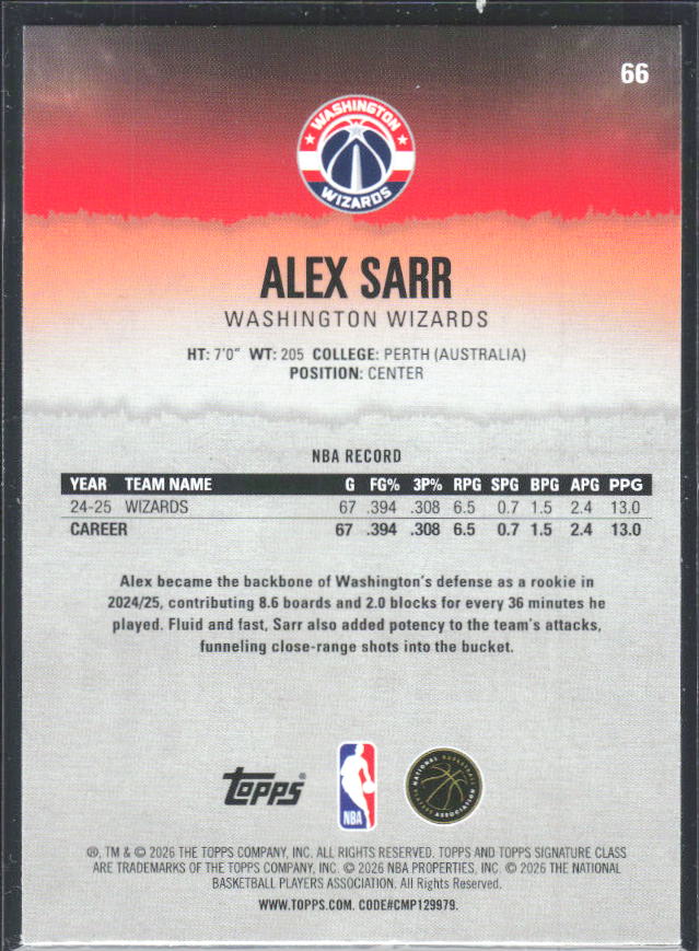 2025-26 Topps Signature Class #66 Alex Sarr – baksida