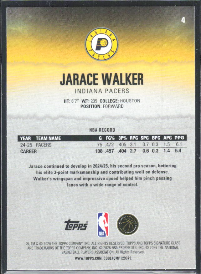 2025-26 Topps Signature Class #4 Jarace Walker – baksida