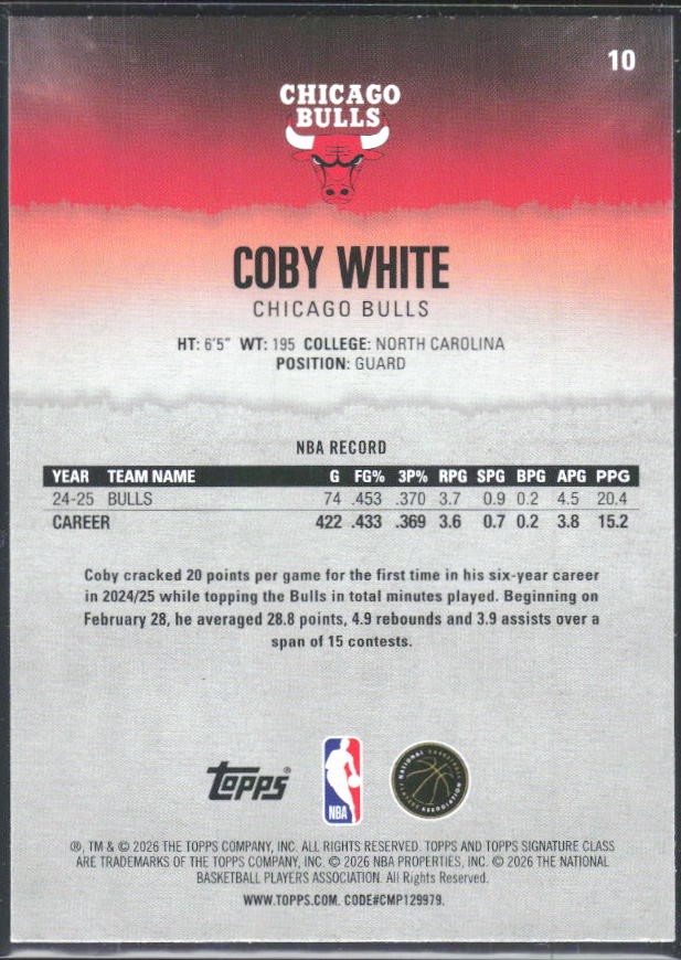 2025-26 Topps Signature Class #10 Coby White – baksida