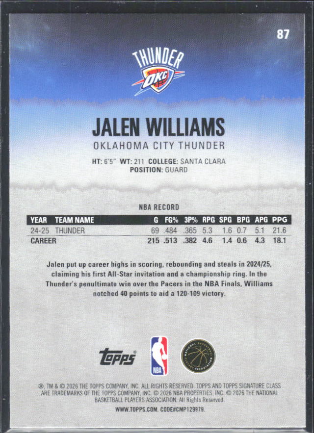 2025-26 Topps Signature Class #87 Jalen Williams – baksida