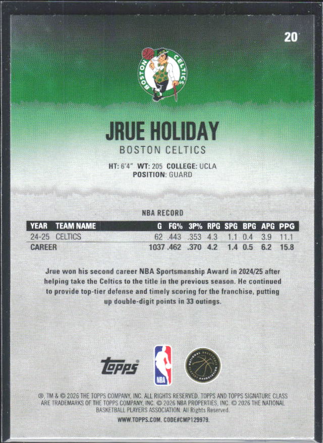 2025-26 Topps Signature Class #20 Jrue Holiday – baksida