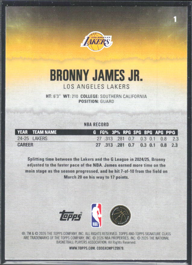2025-26 Topps Signature Class #1 Bronny James Jr. – baksida