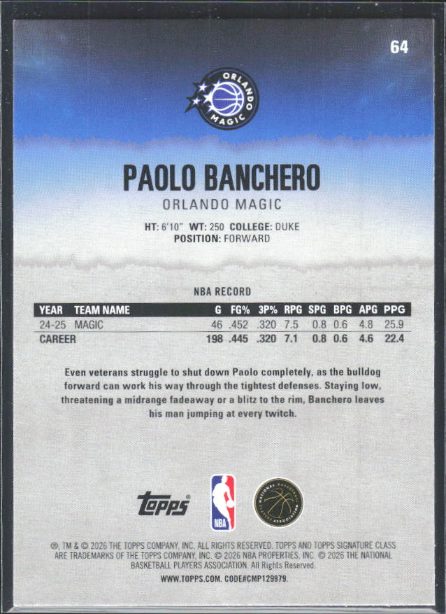 2025-26 Topps Signature Class #64 Paolo Banchero – baksida