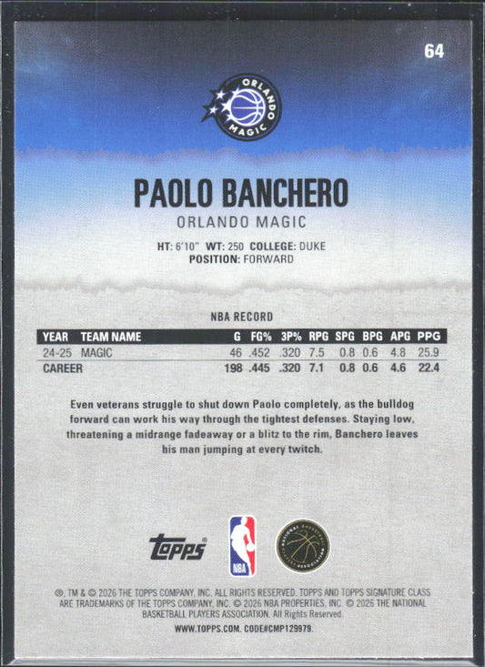 2025-26 Topps Signature Class #64 Paolo Banchero – baksida