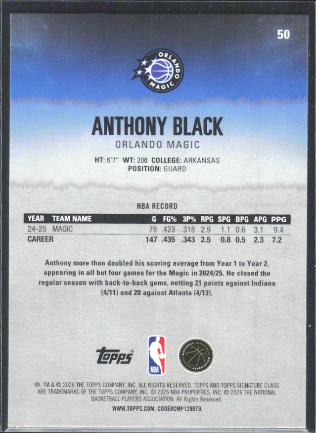 2025-26 Topps Signature Class #50 Anthony Black – baksida