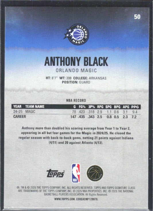2025-26 Topps Signature Class #50 Anthony Black – baksida