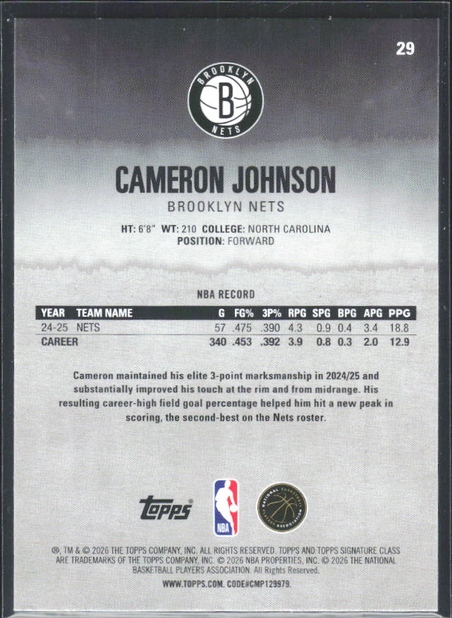 2025-26 Topps Signature Class #29 Cameron Johnson – baksida