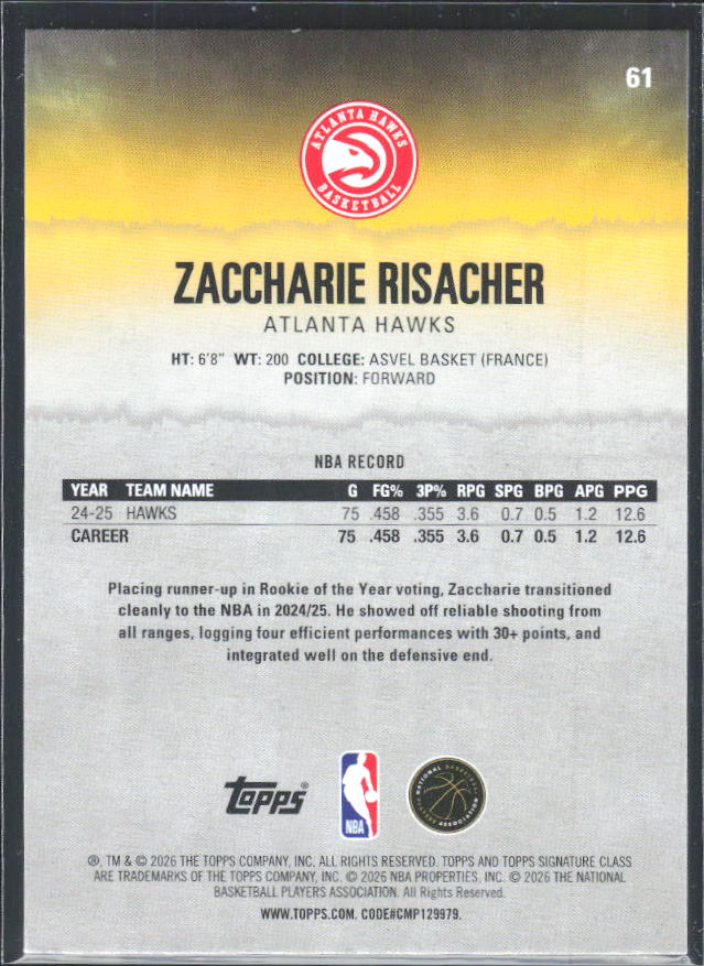 2025-26 Topps Signature Class #61 Zaccharie Risacher – baksida