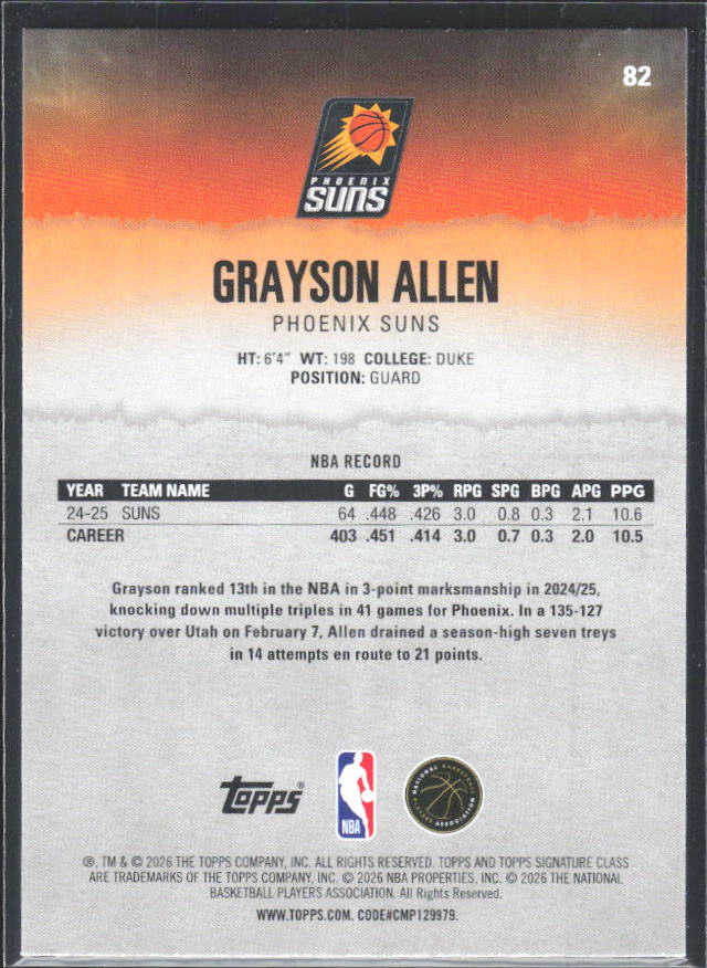 2025-26 Topps Signature Class #82 Grayson Allen – baksida