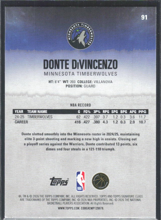 2025-26 Topps Signature Class #91 Donte DiVincenzo – baksida