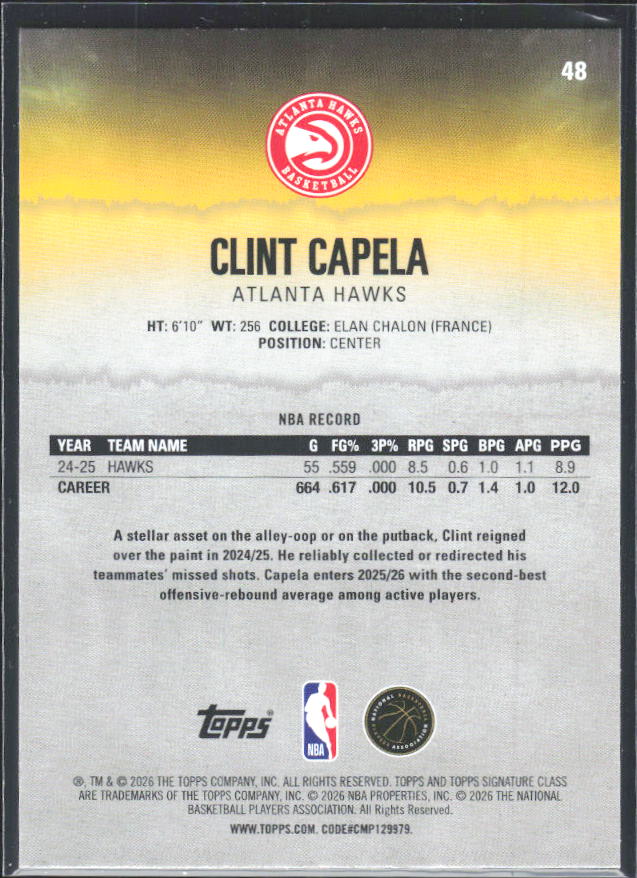 2025-26 Topps Signature Class #48 Clint Capela – baksida
