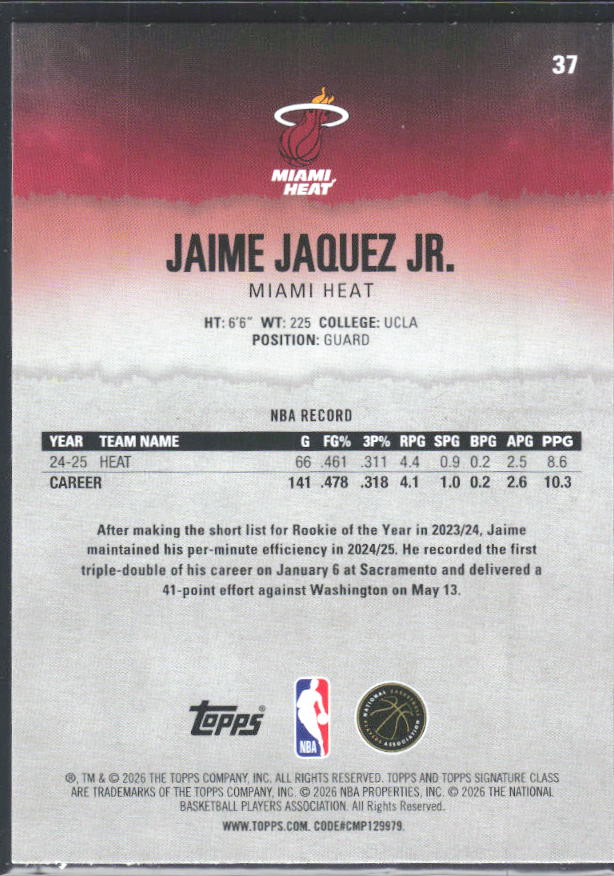 2025-26 Topps Signature Class #37 Jaime Jaquez Jr. – baksida
