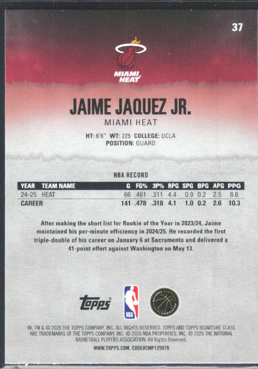 2025-26 Topps Signature Class #37 Jaime Jaquez Jr. – baksida