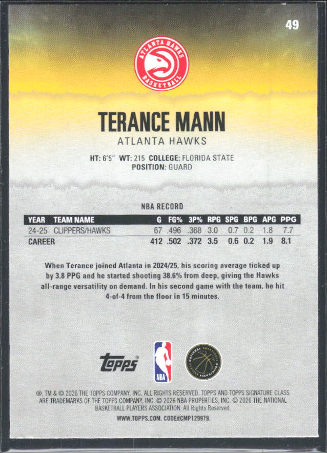 2025-26 Topps Signature Class #49 Terance Mann – baksida