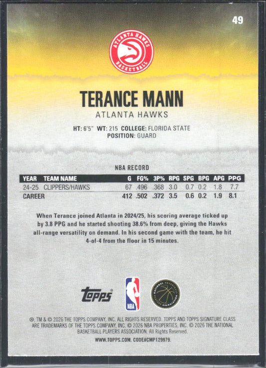 2025-26 Topps Signature Class #49 Terance Mann – baksida