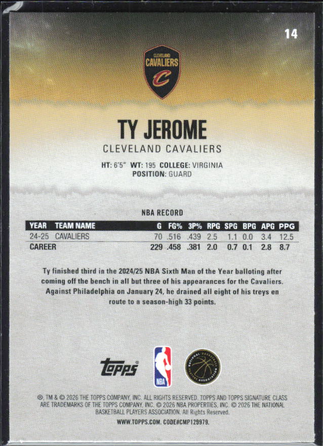 2025-26 Topps Signature Class #14 Ty Jerome – baksida