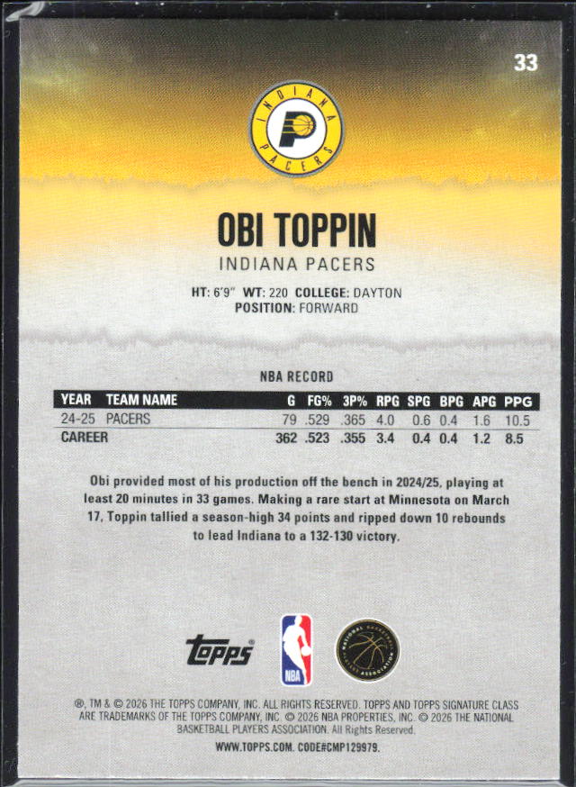 2025-26 Topps Signature Class #33 Obi Toppin – baksida