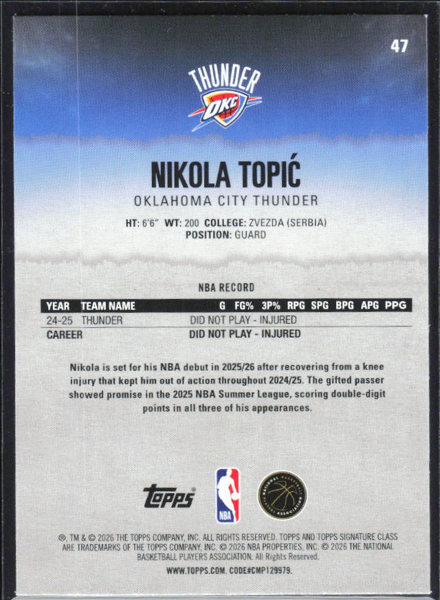 2025-26 Topps Signature Class #47 Nikola Topic – baksida