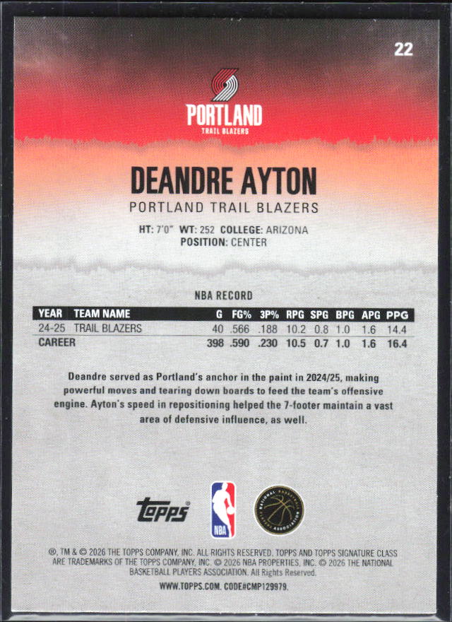 2025-26 Topps Signature Class #22 Deandre Ayton – baksida