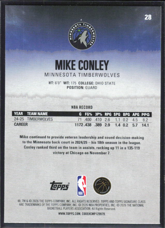 2025-26 Topps Signature Class #28 Mike Conley – baksida