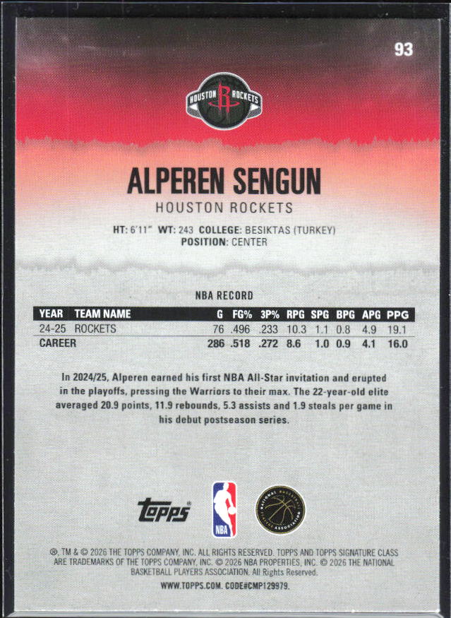 2025-26 Topps Signature Class #93 Alperen Sengun – baksida