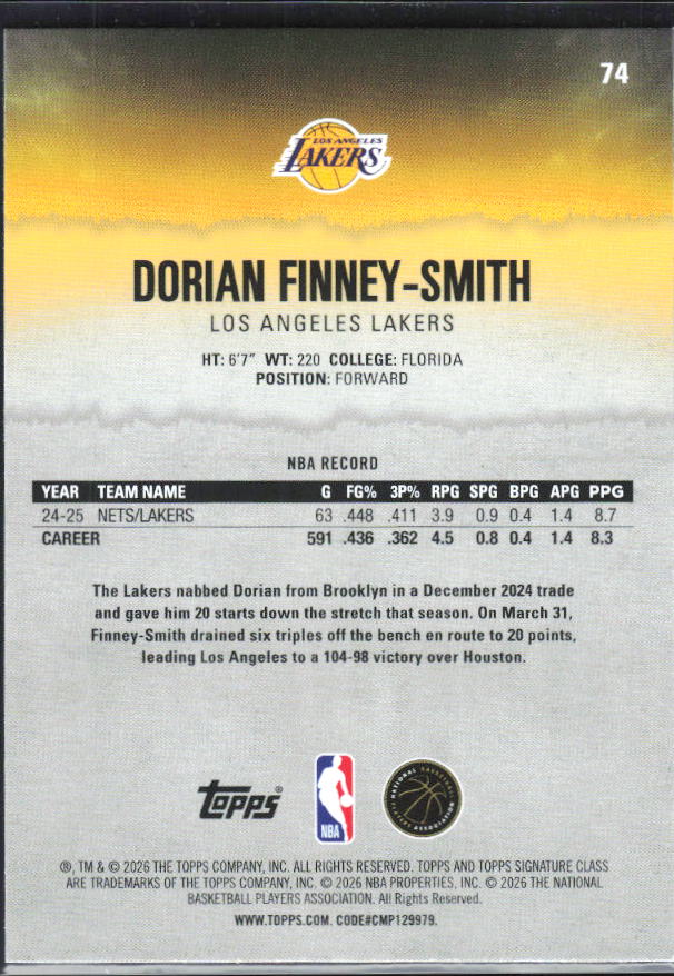2025-26 Topps Signature Class #74 Dorian Finney-Smith – baksida