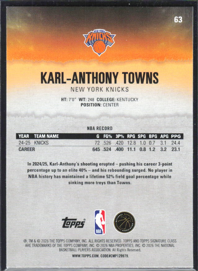 2025-26 Topps Signature Class #63 Karl-Anthony Towns – baksida