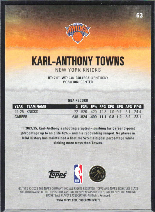 2025-26 Topps Signature Class #63 Karl-Anthony Towns – baksida